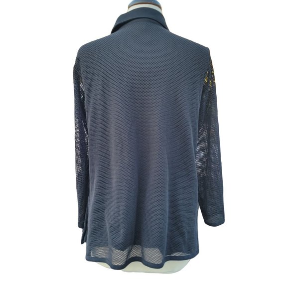 Joan Vass Black 3/4 Sleeve V Neck Mesh Pullover Collared Top Women's Size Large - Picture 2 of 13